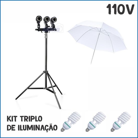 Kit triplo iluminação contínua 110V de lâmpadas Soquetes E27