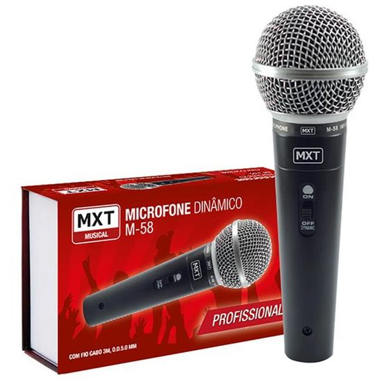 Microfone de mão dinâmico MXT M-58 cabo 3 metros P10 Microfone de mão dinâmico MXT M-58 cabo 3 metros P10