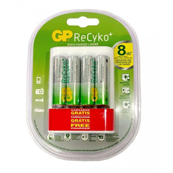Carregador USB Com 4 Pilhas AA 2000mAh - Gp Recyko Carregador USB Com 4 Pilhas AA 2000mAh - Gp Recyko