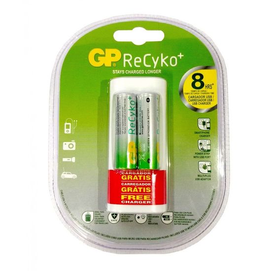 Carregador USB Com 2 Pilhas AA  2000Mah - Gp Recyko Carregador USB Com 2 Pilhas AA  2000Mah - Gp Recyko