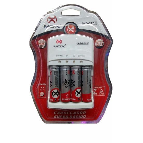 Carregador Bivolt com 4 pilhas AA recarregáveis 2600mAh Carregador Bivolt com 4 pilhas AA recarregáveis 2600mAh