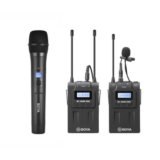 Microfone lapela sem fio K1 + Microfone de mão sem fio Boya WHM8 PRO com receptor duplo Microfone lapela sem fio K1 + Microfone de mão sem fio Boya WHM8 PRO com receptor duplo