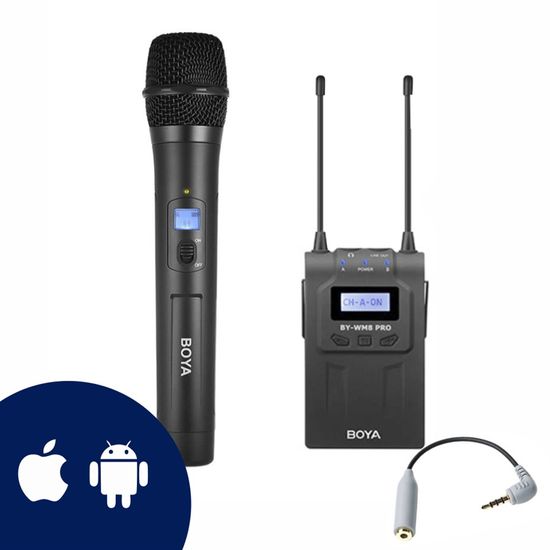 Microfone de mão sem fio Boya WHM8 para smartphone e câmeras Microfone de mão sem fio Boya WHM8 para smartphone e câmeras