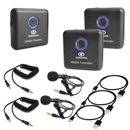 Microfone De Lapela Duplo Sem Fio Ultra-compacto Para Celulares E Câmeras - Greika Wm200 Microfone De Lapela Duplo Sem Fio Ultra-compacto Para Celulares E Câmeras - Greika Wm200