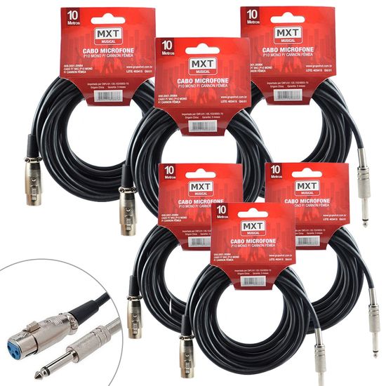 Kit 6 Cabos Xlr/p10 Mono 10 Metros Para Violão E Microfone - Mxt Kit 6 Cabos Xlr/p10 Mono 10 Metros Para Violão E Microfone - Mxt