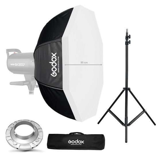 Softbox Godox Encaixe Bowens 95 Cm + Tripé Greika De 2,40 Metros Softbox Godox Encaixe Bowens 95 Cm + Tripé Greika De 2,40 Metros