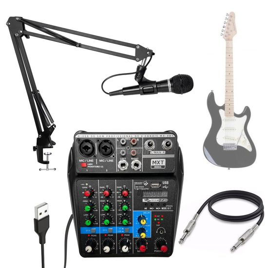 Kit Estúdio Mesa De Som Mx-4bt 4 Canais Com Microfone E Cabo P10 Para Instrumentos Kit Estúdio Mesa De Som Mx-4bt 4 Canais Com Microfone E Cabo P10 Para Instrumentos