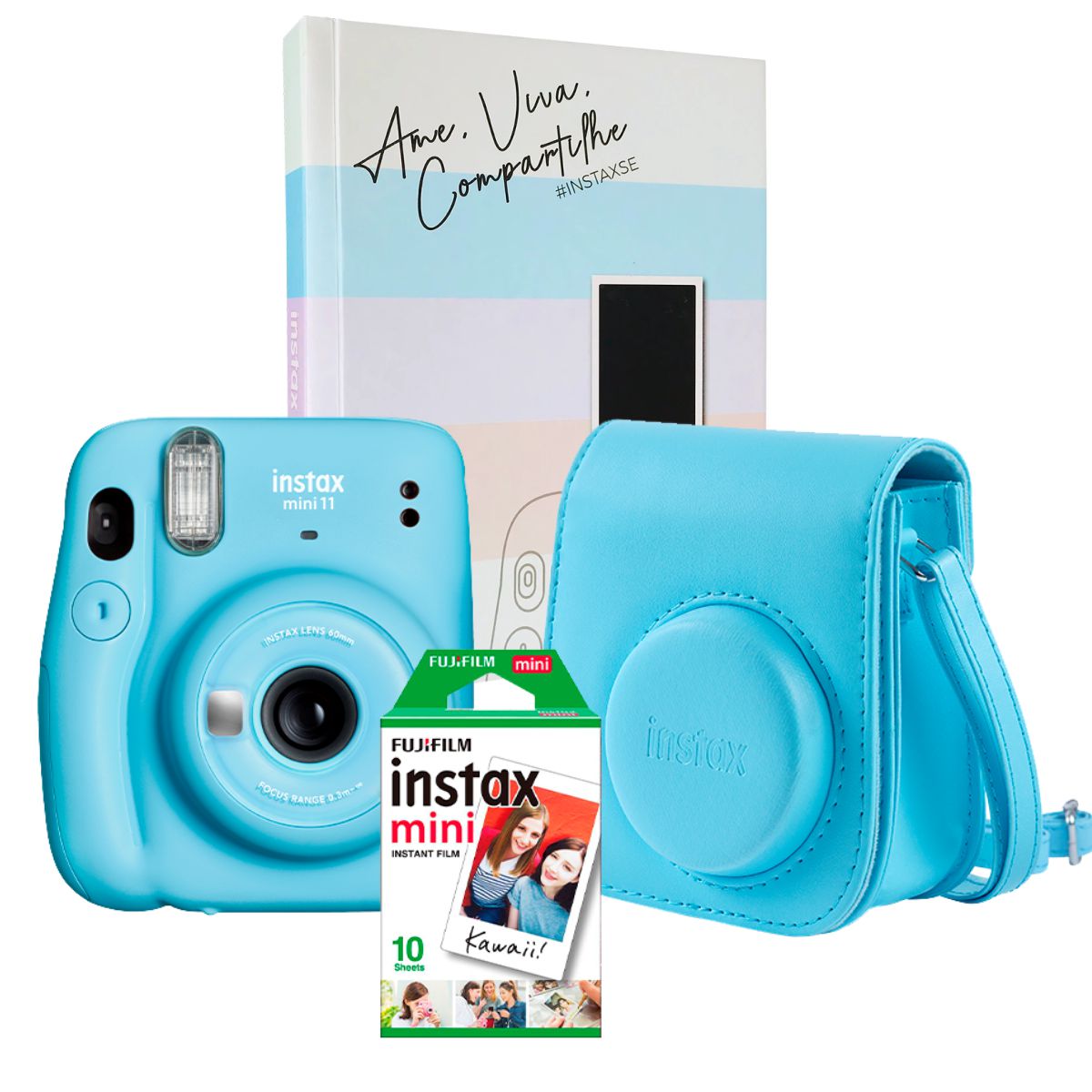 Combo Câmera Fujifilm Instax Mini 11 Azul + 10 Fotos + Bolsa +