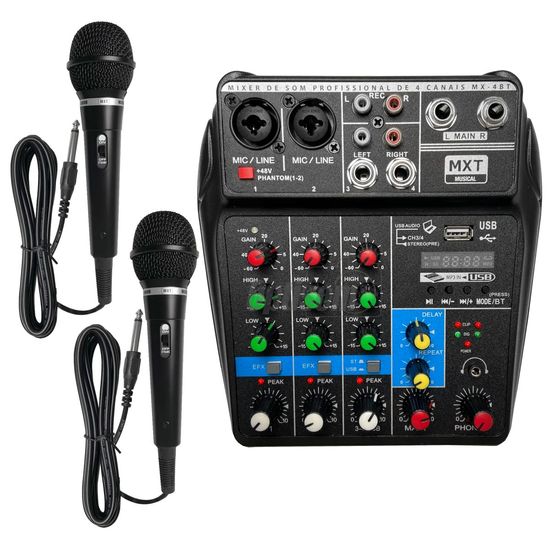 Kit 2 Microfones + Mesa De Som Mixer 4 Canais Bluetooth Mxt Mx-4bt Kit 2 Microfones + Mesa De Som Mixer 4 Canais Bluetooth Mxt Mx-4bt