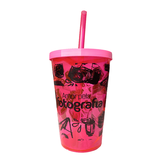 Copo Rosa Com Tampa E Canudo Da Amor Pela Fotografia 500ml