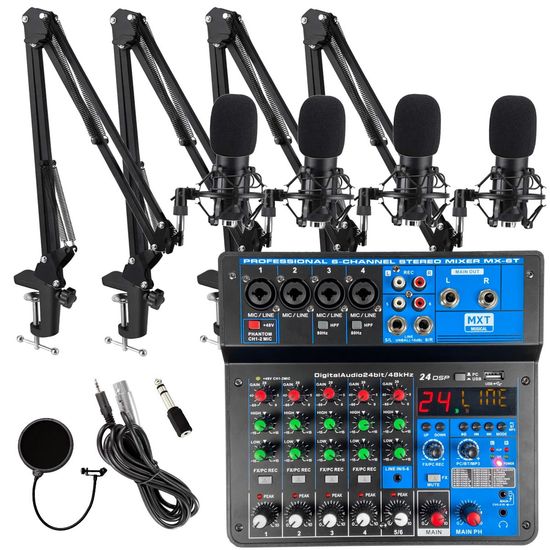 Kit Podcast 4 Microfones Condensador + Mesa De Som Interface 6 Canais Bluetooth Mx-6t Kit Podcast 4 Microfones Condensador + Mesa De Som Interface 6 Canais Bluetooth Mx-6t