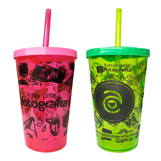 Combo Copo 500ml Amor Pela Fotografia Verde E Rosa