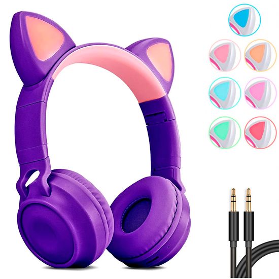 Fone Headfone De Gatinho Bluetooth Com Led Colorido - Roxo Fone Headfone De Gatinho Bluetooth Com Led Colorido - Roxo
