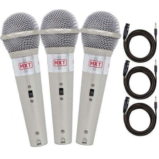 Kit 3 Microfone Dinâmico Prata Mxt M-966 Com Cabo P10 3 Metros