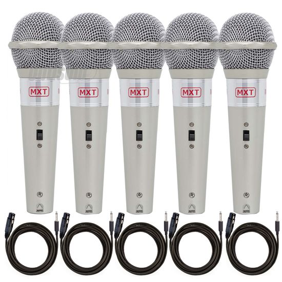 Kit 5 Microfones Dinâmicos Prata Mxt M-966 Com Cabo P10 3 Metros