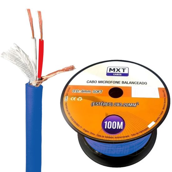 Rolo 100m Cabo De Áudio 2 Vias Estereo Balanceado Blindado Mxt Azul + Carretel Rolo 100m Cabo De Áudio 2 Vias Estereo Balanceado Blindado Mxt Azul + Carretel