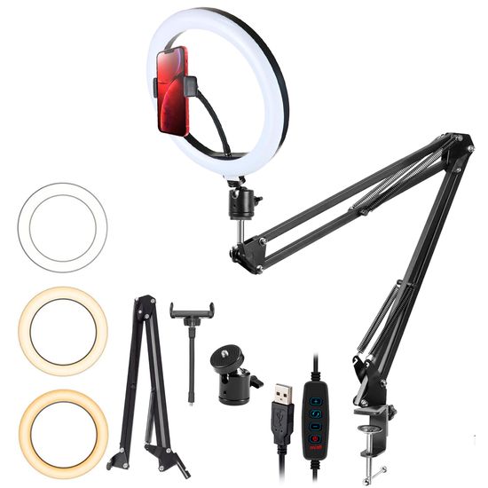 Kit Ring Light Led Bicolor 26cm Com Suporte Celular + Braço Articulável De Mesa Kit Ring Light Led Bicolor 26cm Com Suporte Celular + Braço Articulável De Mesa