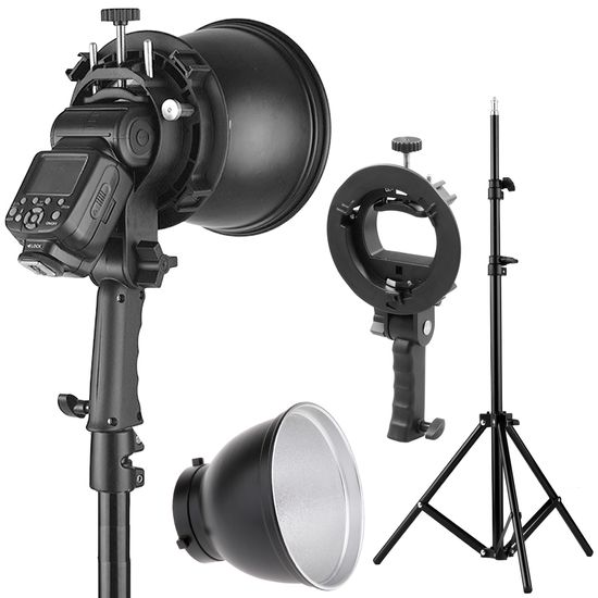 Suporte Flash Dedicado Speedlight S-type + Panela Refletora 18cm + Tripé 2 Metros Suporte Flash Dedicado Speedlight S-type + Panela Refletora 18cm + Tripé 2 Metros