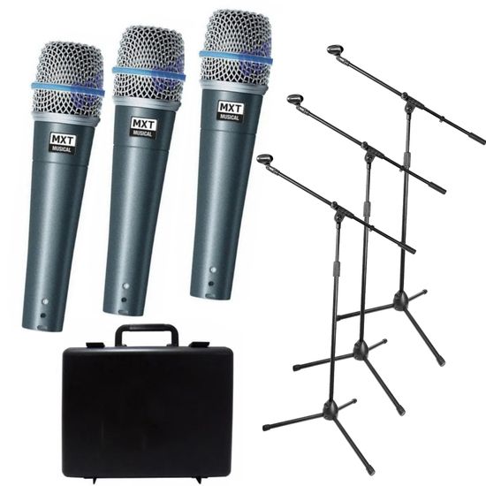 Kit 3 Microfones Dinâmico Mxt 57a Com Maleta E Suporte Pedestal Kit 3 Microfones Dinâmico Mxt 57a Com Maleta E Suporte Pedestal