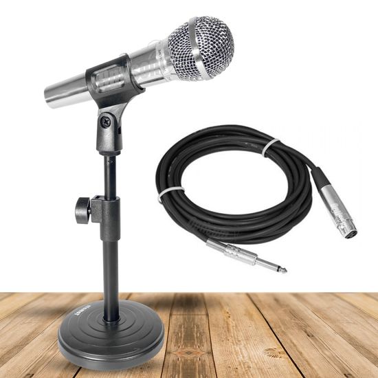 Microfone Dinâmico Profissional Prateado Mxt 1138 Com Suporte De Mesa E Cabo 4,5m Microfone Dinâmico Profissional Prateado Mxt 1138 Com Suporte De Mesa E Cabo 4,5m