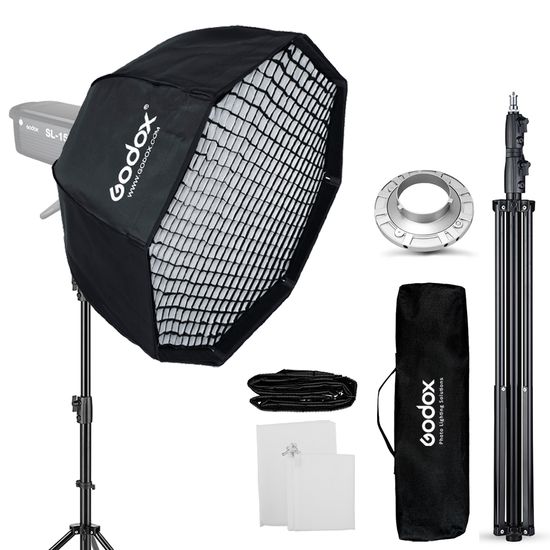 Softbox Bowens Octagonal 120cm Godox Com Colmeia Grid + Tripé 2,60 Metros Softbox Bowens Octagonal 120cm Godox Com Colmeia Grid + Tripé 2,60 Metros