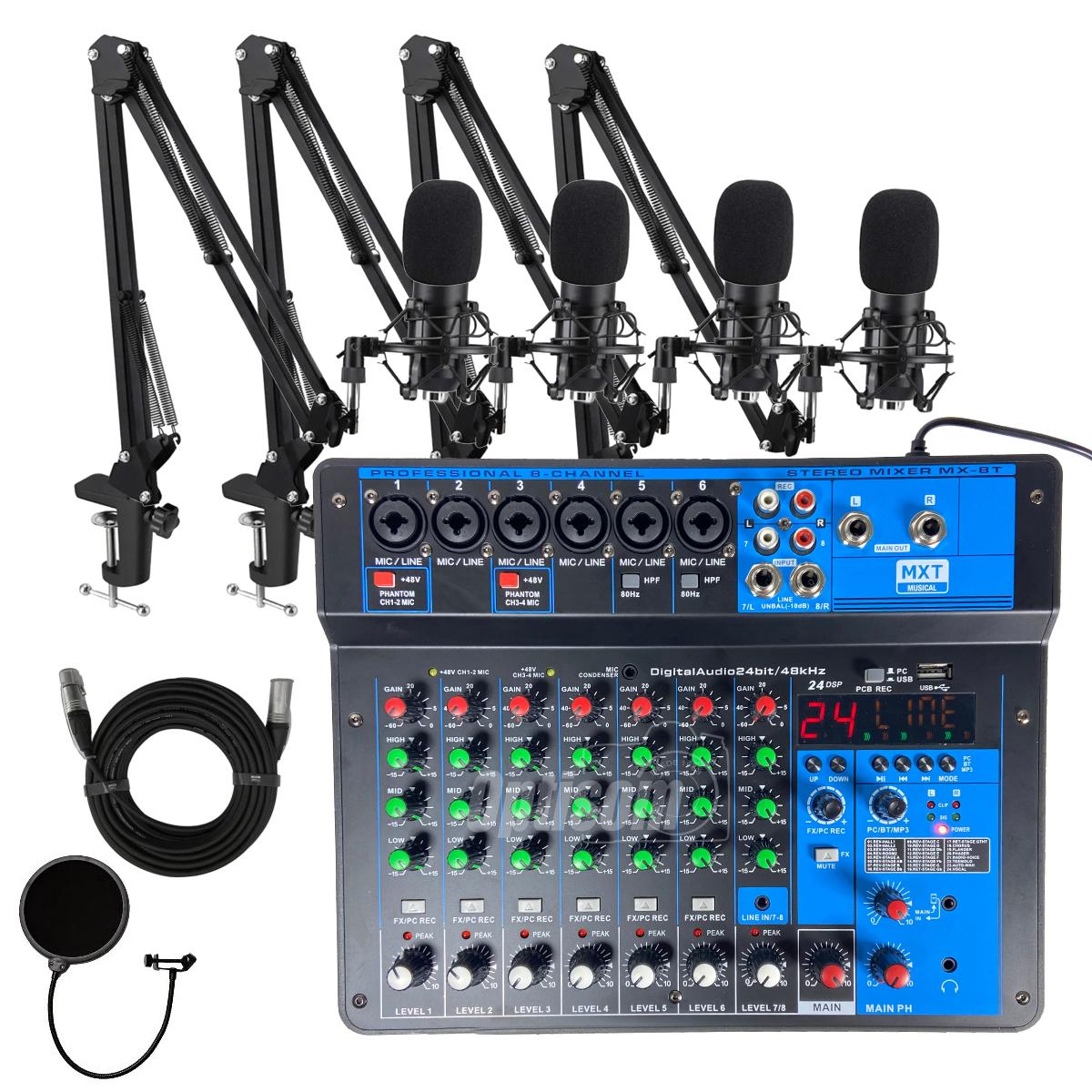 Kit Podcast 4 Microfones Condensador + Mesa De Som Interface 8