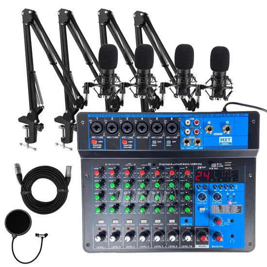 Kit Podcast 4 Microfones Condensador + Mesa De Som Interface 8 Canais Bluetooth Mx-8t Kit Podcast 4 Microfones Condensador + Mesa De Som Interface 8 Canais Bluetooth Mx-8t