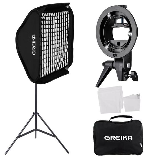Softbox Com Grid 60x60cm Greika Para Flash Speedlight Com Tripé 2m Softbox Com Grid 60x60cm Greika Para Flash Speedlight Com Tripé 2m