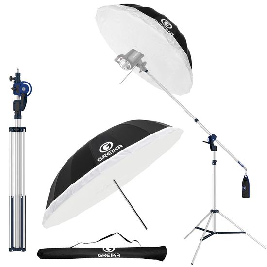 Kit Sombrinha Greika 150cm White Bounce Com Difusor + Girafa Mako 3m