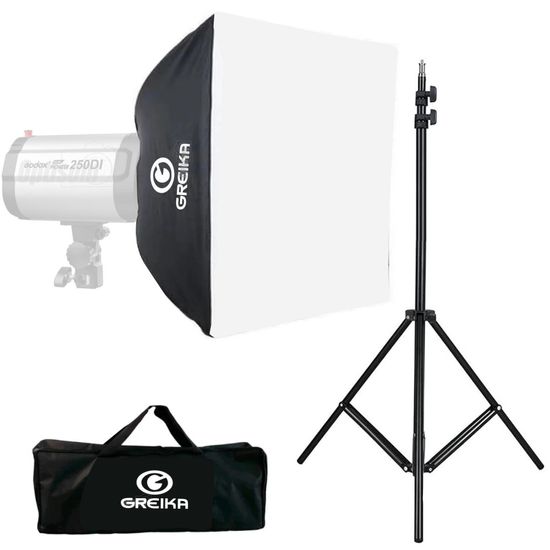 Softbox Greika 45x45cm Para Flash Godox 250di K150a + Tripé Softbox Greika 45x45cm Para Flash Godox 250di K150a + Tripé