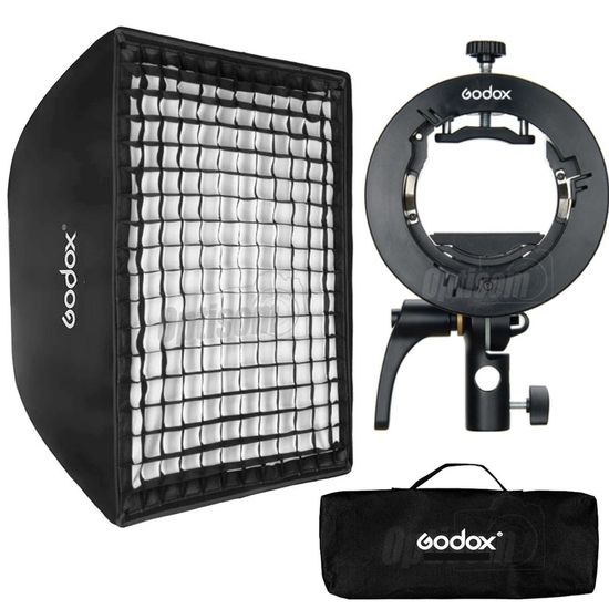 Softbox com grid Godox 60x60cm e Suporte Godox S2 para Flash V1 Ad200 Ml60 Softbox com grid Godox 60x60cm e Suporte Godox S2 para Flash V1 Ad200 Ml60