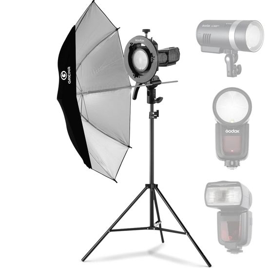 Kit Suporte Para Flash Speedlite Godox S2 Com Sombrinha E Tripé 2m REBATEDORA PRETA/PRATA Kit Suporte Para Flash Speedlite Godox S2 Com Sombrinha E Tripé 2m REBATEDORA PRETA/PRATA