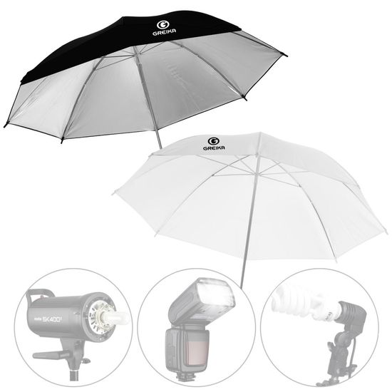 Kit 2 Sombrinhas Rebatedora Preta Prata E Difusora Greika 91cm Para Flash E Lampadas