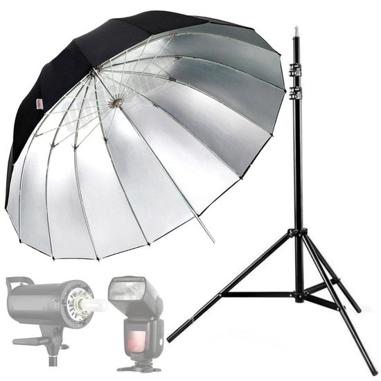 Sombrinha Rebatedora Preta Prata Parabólica Godox Ub-l3 150cm Com Tripé Sombrinha Rebatedora Preta Prata Parabólica Godox Ub-l3 150cm Com Tripé