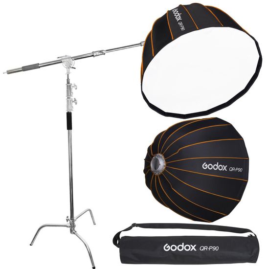 Kit Softbox Parabólico Godox Qr-p90 Bowens E Tripé Girafa Inox C-stand 3,3m Para 30kg Kit Softbox Parabólico Godox Qr-p90 Bowens E Tripé Girafa Inox C-stand 3,3m Para 30kg