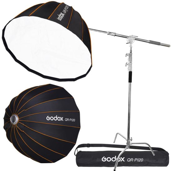 Kit Softbox 120cm Parabólico Godox Qr-p120 Bowens Quick Release + Tripé Girafa Inox Century Kit Softbox 120cm Parabólico Godox Qr-p120 Bowens Quick Release + Tripé Girafa Inox Century