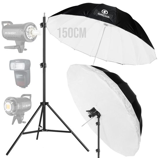 Sombrinha 150cm Rebatedora Preta Branca Greika Com Capa Difusora E Tripé Sombrinha 150cm Rebatedora Preta Branca Greika Com Capa Difusora E Tripé