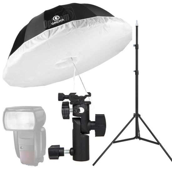 Kit Sombrinha Rebatedora Branca Preta 150cm Com Suporte Para Flash Speedlite E Tripé Kit Sombrinha Rebatedora Branca Preta 150cm Com Suporte Para Flash Speedlite E Tripé