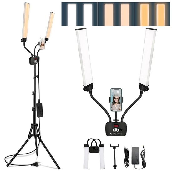Iluminador Led Bicolor Greika Braço Duplo 45w Hd45x + Tripé 2 Metros Iluminador Led Bicolor Greika Braço Duplo 45w Hd45x + Tripé 2 Metros