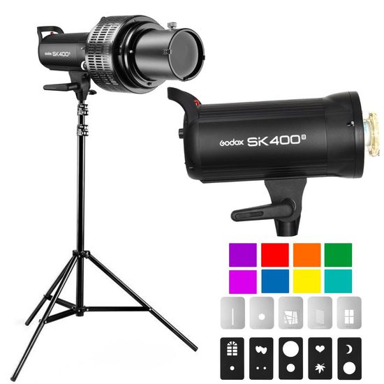 Flash Estúdio Godox Sk400ii Com Tripé + Kit Lente Projeção Gelatina E Efeito Janela 110V Flash Estúdio Godox Sk400ii Com Tripé + Kit Lente Projeção Gelatina E Efeito Janela 110V