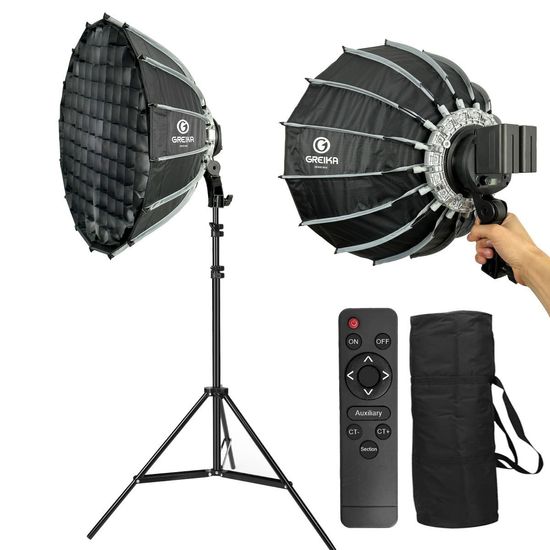 Softbox Parabolico Greika 55cm Com Lampada Led Bicolor 100w Montagem Rápida + Tripé 2m Softbox Parabolico Greika 55cm Com Lampada Led Bicolor 100w Montagem Rápida + Tripé 2m