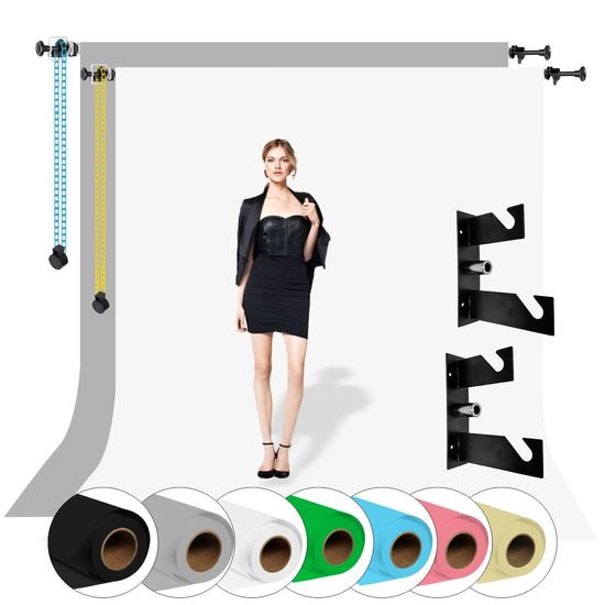 Kit 2 Fundo Infinito Papel 2x5 + Suporte Parede Teto Duplo Greika Branco e Cinza Kit 2 Fundo Infinito Papel 2x5 + Suporte Parede Teto Duplo Greika Branco e Cinza