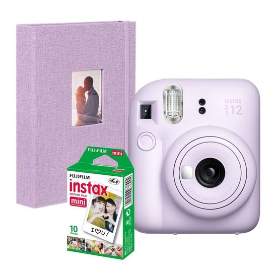 Camera Instax Mini 12 com Filme 10 Fotos + Álbum Revela Foto na hora Lilás