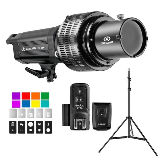 Kit Flash Estúdio 250w Greika Eg-250 Com Rádio Flash + Projetor Efeito Janela E Gelatinas 110V Kit Flash Estúdio 250w Greika Eg-250 Com Rádio Flash + Projetor Efeito Janela E Gelatinas 110V