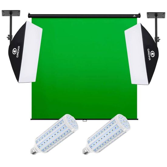Kit Estúdio Fundo Verde Chroma Key Retratil parede + 2 Softbox Led de teto