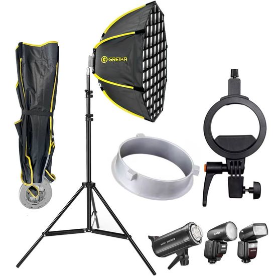 Softbox Octa Grid 45cm Para Flash Estúdio Bowens E Speedlite Greika 2 Em 1 + Tripé Softbox Octa Grid 45cm Para Flash Estúdio Bowens E Speedlite Greika 2 Em 1 + Tripé
