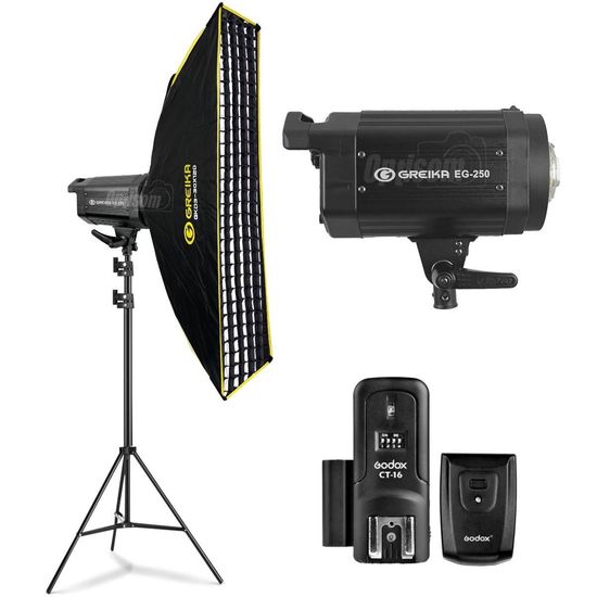 Kit Flash Estúdio Greika Eg-250w Com Radio Flash + Softbox Dobravel 30x120cm 110V Kit Flash Estúdio Greika Eg-250w Com Radio Flash + Softbox Dobravel 30x120cm 110V