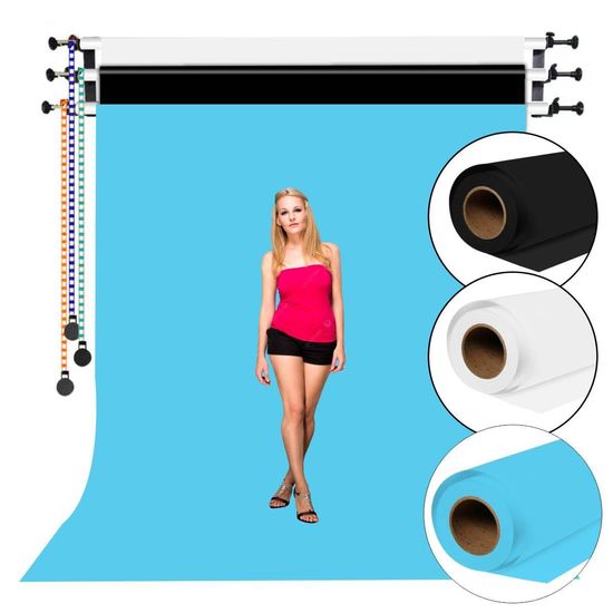 Suporte Fundo Infinito Parede Greika + 3 Rolos Papel 2x10m Preto, Branco e Azul Suporte Fundo Infinito Parede Greika + 3 Rolos Papel 2x10m Preto, Branco e Azul