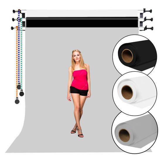 Suporte Fundo Infinito Parede Greika + 3 Rolos Papel 2x10m Preto, Branco e Cinza
