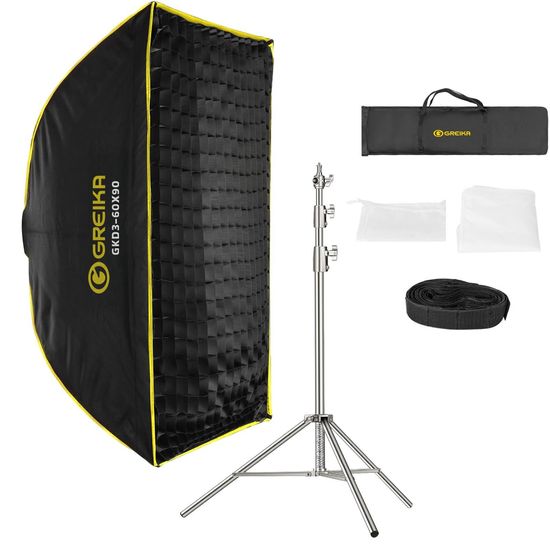 Softbox Bowens Greika 60x90cm Dobrável Com Grid Colmeia + Tripé Inox Greika 2,5m Até 15kg Softbox Bowens Greika 60x90cm Dobrável Com Grid Colmeia + Tripé Inox Greika 2,5m Até 15kg